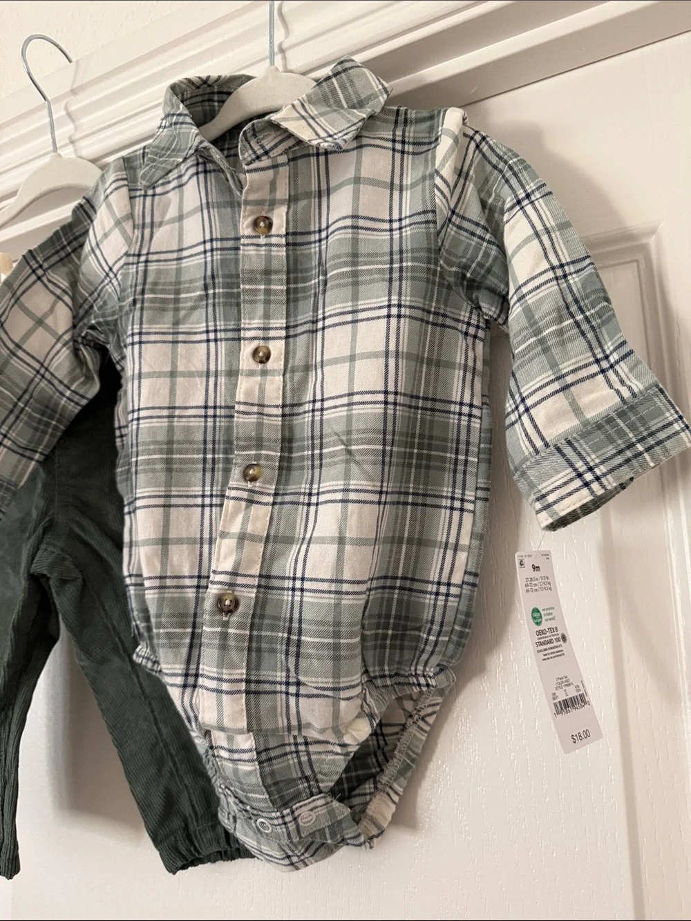 Carter's Plaid Button-Up Bodysuit in White and Green